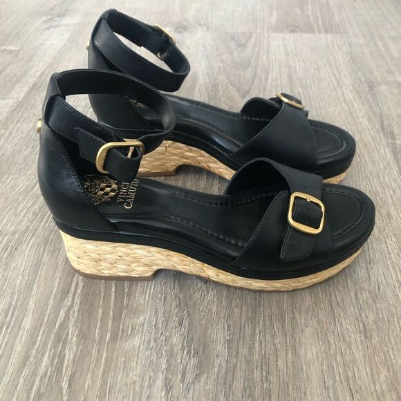 Vince Camuto Meterry Womens Adjustable Wedge Sandals Black Leather Upper Size 7M - Picture 4 of 13